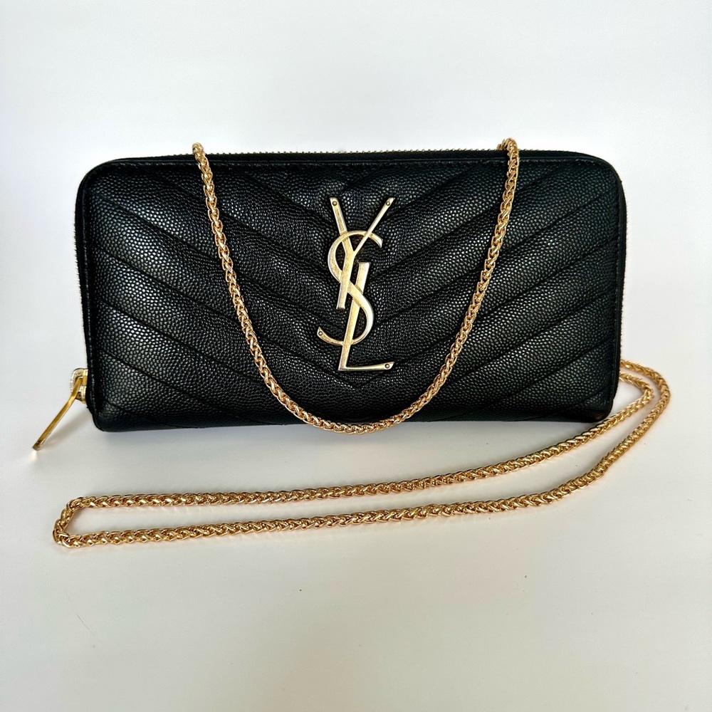 💯 YSL Saint Laurent Black Leather Zippered Wallet on Chain w/ auth cert